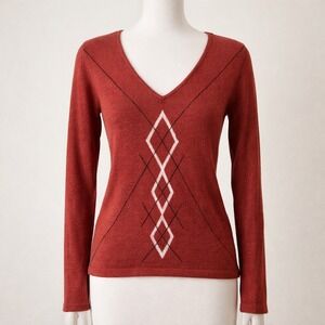 Emanuel Ungaro V-Neck Wool Sweater Womens Argyle Geometric Pullover Vintage 90s